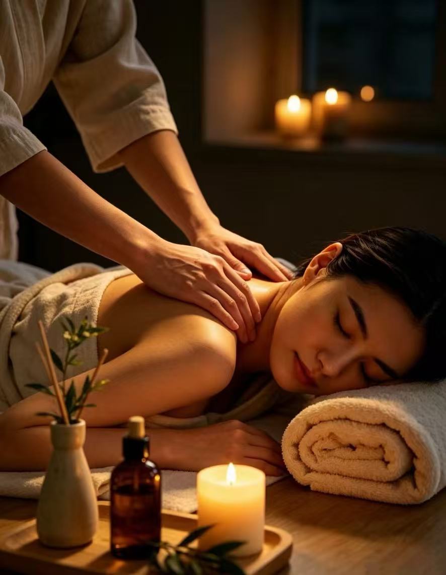 A guest receiving a relaxing shoulder and back massage by candlelight