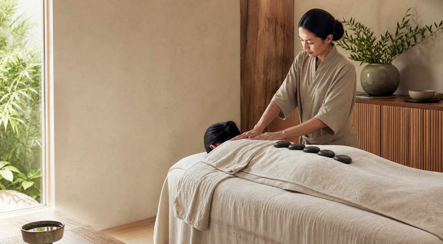 Guest enjoying a warm-stone body treatment at Bunny