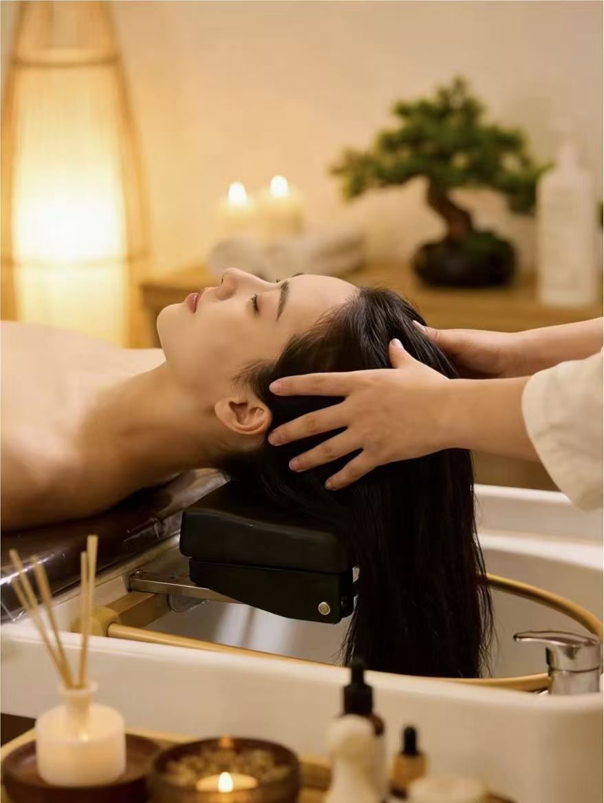 A guest receiving a relaxing scalp massage at a head spa